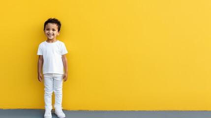 Fototapeta na wymiar European child 4-5 years old close-up in a white T-shirt without a pattern against the background of a colored wall, mockup for the presentation of a children's product