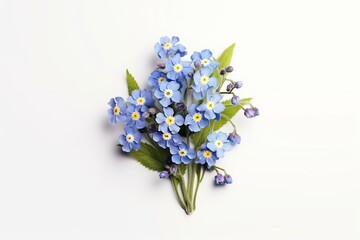 Creative flowers composition with isolated forget-me-not bouquet on white background. Flat lay, top view, copy space. Generative AI