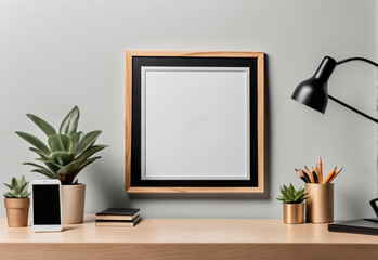 A mock-up showing a small square picture frame sitting on a table. High quality photo.