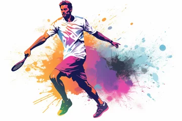 Fotobehang Professional tennis player holding racket, color drawing. Tennis game banner. Active sport sticker © Lazy_Bear