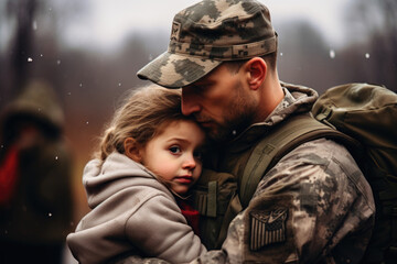 Army soldier embracing his daughter. Military family reunion. Waiting for relative from war - obrazy, fototapety, plakaty