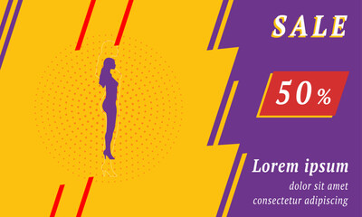 Sale promotion banner with place for your text. On the left is the woman silhouette. Promotional text with discount percentage on the right side. Vector illustration on yellow background