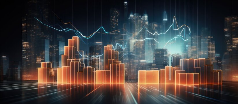 Virtual abstract financial graph interface on modern interior background representing financial and trading concepts through multiple exposures