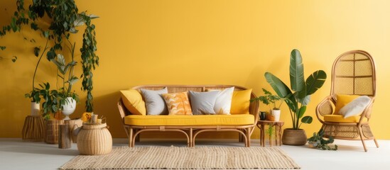 Boho living room with rattan lamp settee plants and yellow curtains With copyspace for text - obrazy, fototapety, plakaty