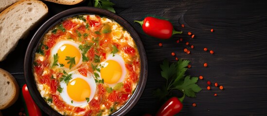 Top view of Turkish breakfast menemen style eggs cooked with peppers and tomatoes - obrazy, fototapety, plakaty