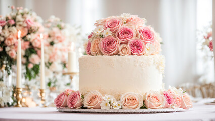 Obraz na płótnie Canvas Beautiful multi-tiered wedding cake, flowers