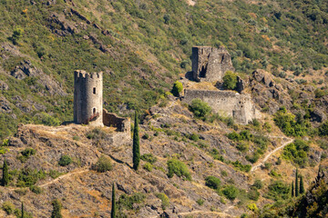 Cathar castles Châteaux de Lastours (in Occitan Lastors) seen from Mont Clergue

