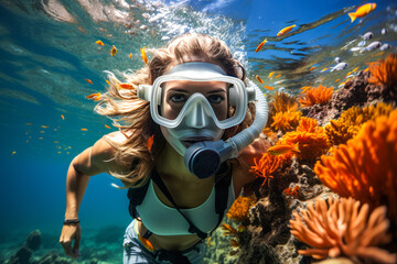 Marine biologist snorkeling, studying coral reef marine life. - obrazy, fototapety, plakaty