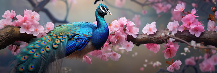 Colorful peacock on the background of pink sakura branches, banner