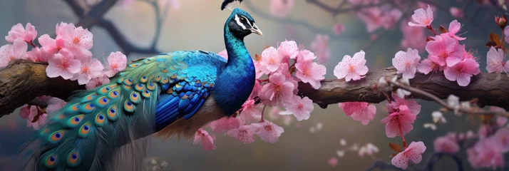 Gordijnen Colorful peacock on the background of pink sakura branches, banner © pundapanda