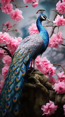 Colorful peacock on the background of pink sakura branches © pundapanda