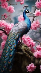 Sierkussen Colorful peacock on the background of pink sakura branches © pundapanda