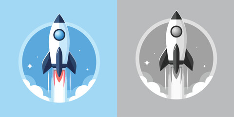 Sleek rocket soaring through the blue sky flat style vector illustration, Rocket rising high symbol template logo stock vector image