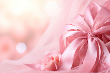 Fototapeta na wymiar Bright pink ribbons on bokeh background , valentine's holiday or birthday, love and romance concept