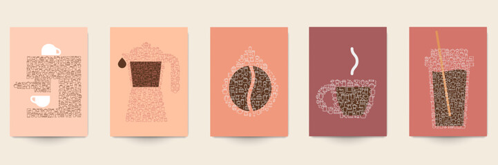 Coffee abstract background for banner, poster, cover in fashion minimal style. Set concept art design with cup, moka pot, bean, drop, espresso machine. Template illustration for branding cafe, shop.