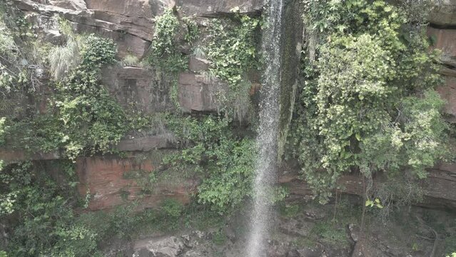 Drone footage of the scenic waterfall Chorro San Luis embedded in a thick, tropical forest near Robor&eacute; in the lowlands of Bolivia - Traveling and exploring South America - raw version