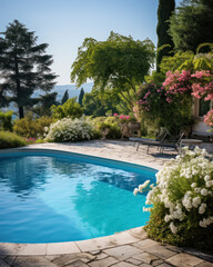 Swimming pool at home in a warm Mediterranean climate , outdoor pool with scattered shrubs and flowers around it - obrazy, fototapety, plakaty