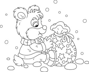 Little baby bear with its gift bag on a snowy holiday winter day, black and white outline vector cartoon illustration for a coloring book