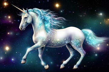 Naklejka na ściany i meble A beautiful unicorn with a dappled buttermilk coat prancing among cosmic stars. Generative AI