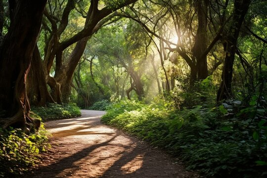 Sunlit trail under lush green canopy. Generative AI