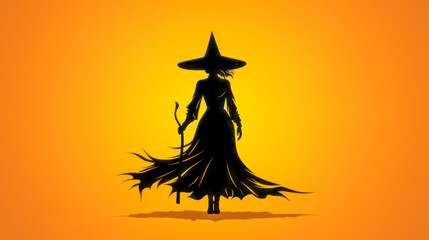 Fototapeta premium Blonde witch in short dress flying on broomstick with bat silhouette.