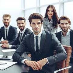 A diverse group of professionals gathered around a sleek, modern boardroom table, discussing the latest strategies for their successful business.