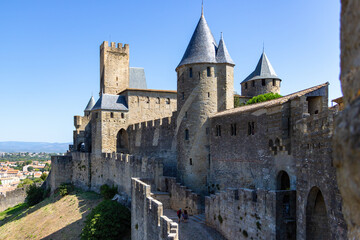 Fototapeta na wymiar View point of Cite de Carcassonne, stone walls of the fortification 