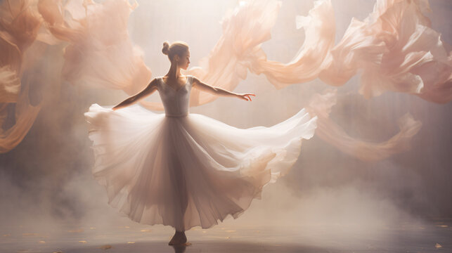 A mesmerizing slow-motion shot of ballet dancers executing a pas de deux amid dreamy pastels and ethereal lighting.