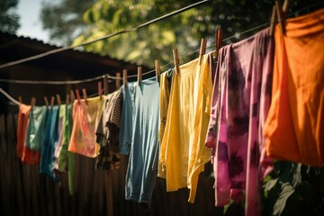 colorful tops hanging from clothesline. Generative AI