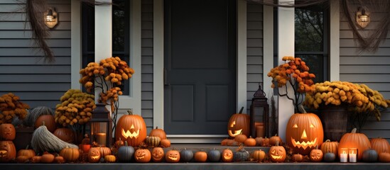 Obraz premium Halloween themed decorations on the front porch With copyspace for text