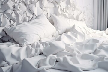 Background with disarrayed white bedding, presenting a concept of a messy bed with a technological touch. Generative AI