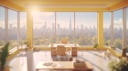 Espace de travail, bureau dans un immeuble. Grande fenêtre, baie vitrée éclairée avec un soleil couchant. Fond pour conception et création graphique pour société, entreprise, commerce.