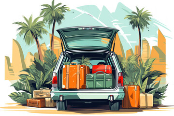 Open trunk of a car with suitcases and belongings, traveling by car to the sea or ocean coastline, illustration
