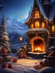 A winter wonderland house with snow-covered landscapes and a cozy fireplace, ai generator
