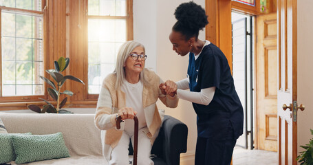 Old woman, walking stick or caregiver in nursing home to help in retirement for medical support. Parkinson, disabled or nurse holding hands of an elderly person in physical therapy rehabilitation - obrazy, fototapety, plakaty