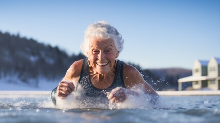 Therapeutic Winter Dip: A senior woman enjoys the natural cold therapy of a frozen lake swim, promoting her health and wellness