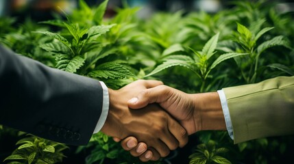 Business hands clasping verdant vegetation symbolizes collaboration and environmental responsibility in a corporation. - obrazy, fototapety, plakaty