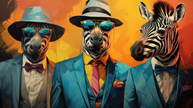 A painting of three zebras wearing suits and hats.
