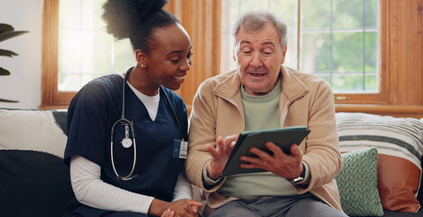 Elderly, man and nurse with tablet for consulting, medical information and communication with lens flare. Senior, professional and caregiver with touchscreen for online report, advisory and results