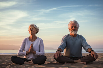 hombre y mujer mayores jubilados haciendo yoga en la playa - obrazy, fototapety, plakaty