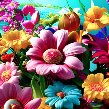 3D background filled with vibrant and animated flowers 
that sway gently in the breeze. Incorporate various types of flowers like daisies, 
tulips