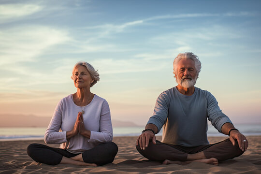 hombre y mujer mayores jubilados haciendo yoga en la playa