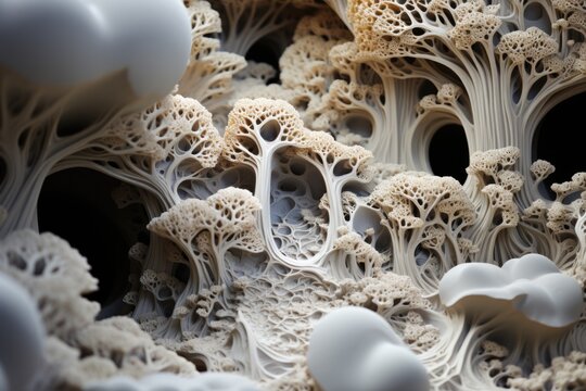 Close-up unveil organic intricacies of natural shapes and textures of mycelium.