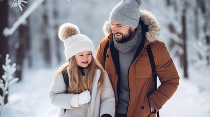 Obraz premium Winter Wonderland Family: A father, mother, and their young child in the serene snowy landscape, sharing a joyful winter adventure