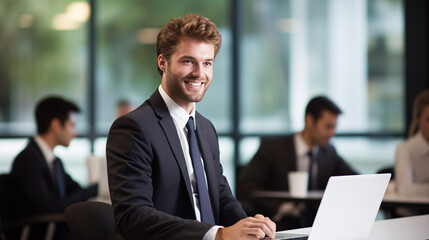 A beaming professional was engaged in a conference in an executive chamber.