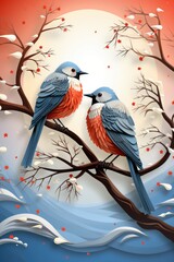 Two birds sitting on a tree branch in front of a full moon.