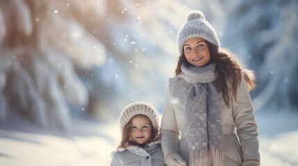 Fototapeta na wymiar Winter Wonderland Family: A father, mother, and their young child in the serene snowy landscape, sharing a joyful winter adventure