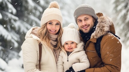Winter Wonderland Family: A father, mother, and their young child in the serene snowy landscape, sharing a joyful winter adventure