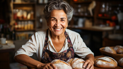 An aged Latin lady concocting handmade bread in her culinar abode. - obrazy, fototapety, plakaty