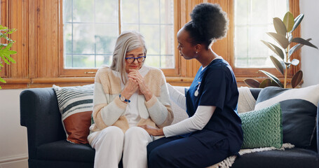 Mature, sad woman or caregiver with empathy or results in consultation for bad news or cancer...
